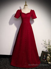 Burgundy Sequare Puff Sleeve Prom Dress